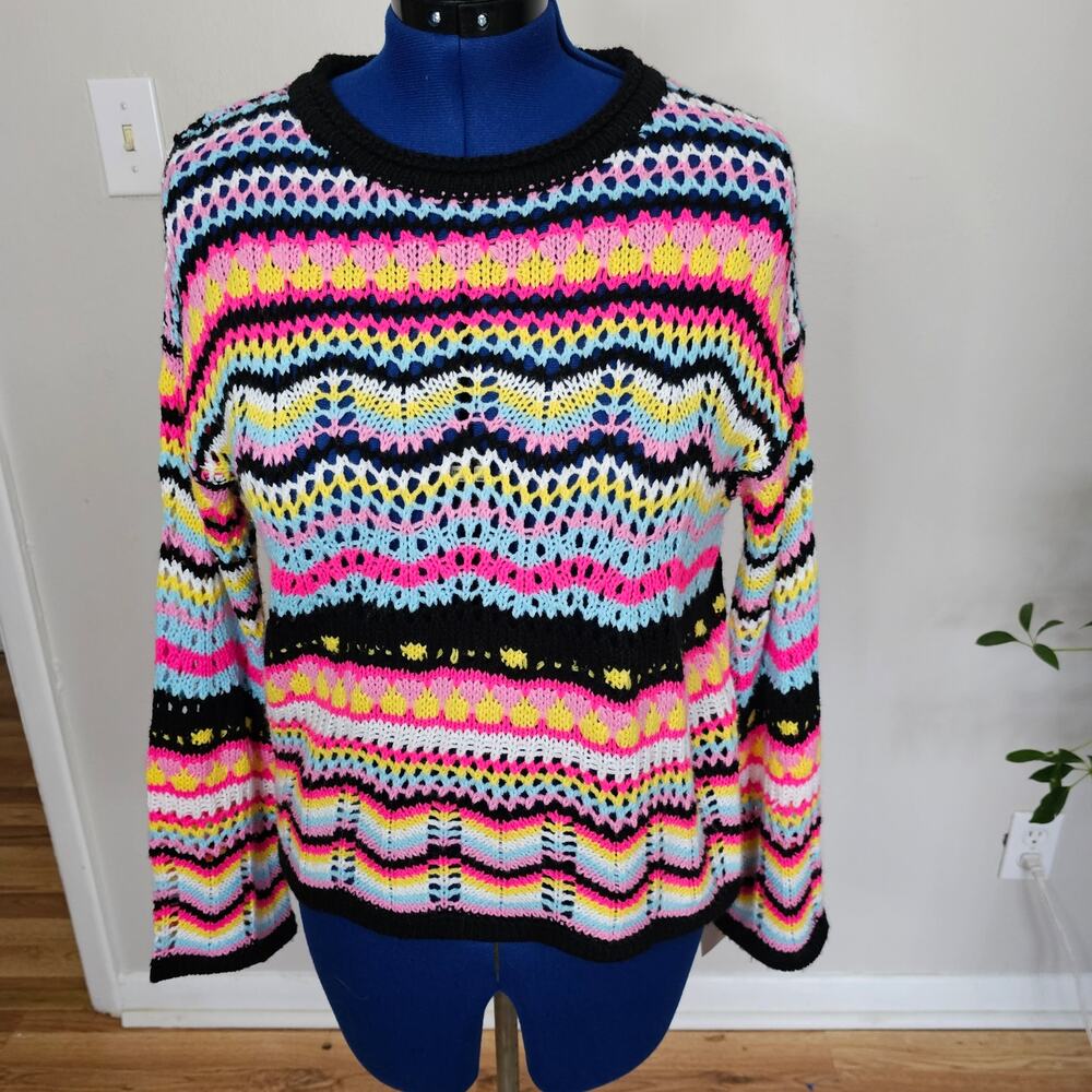 LanaWest Women's Colorful Wave Pattern Drop Shoulder Sweater, Size L